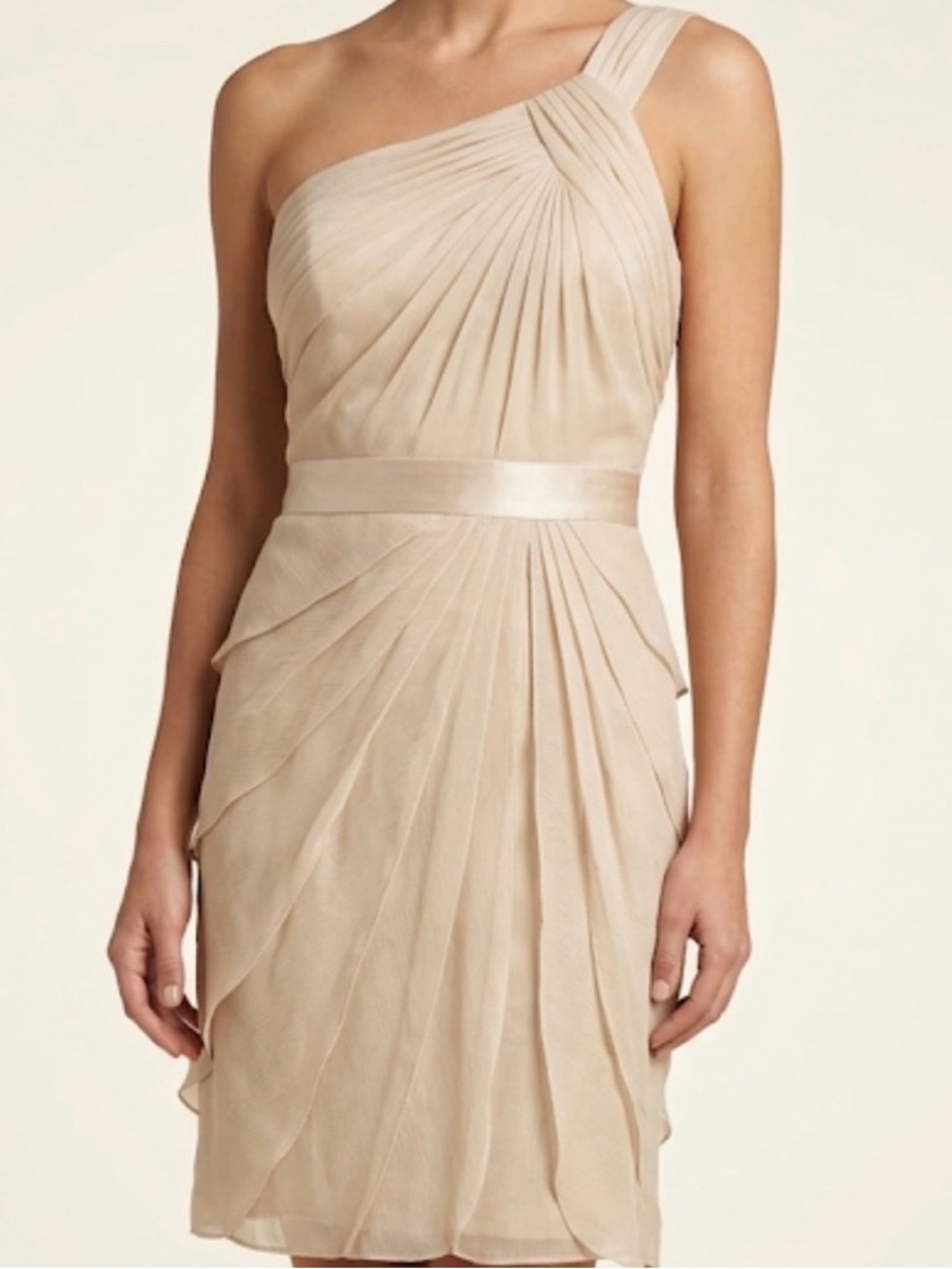 Adrianna Papell One Shoulder Chiffon Mini Dress Beige Nude Size 2 Pleated
